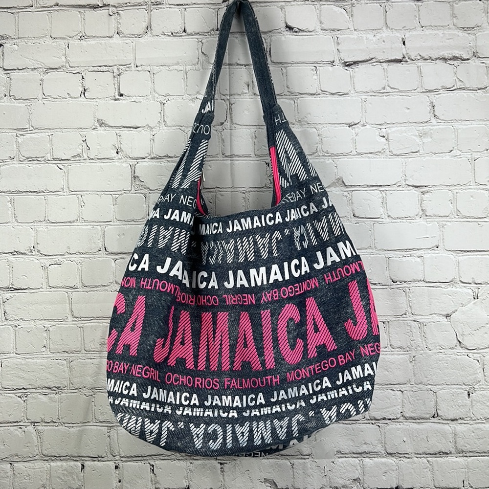 Jamaica Bag Robin Ruth shoulder Tote Gray Wash Raised Letters Zipper Large Size